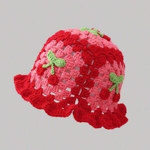 Handmade Crochet Bucket Hat Red and Pink with cherries